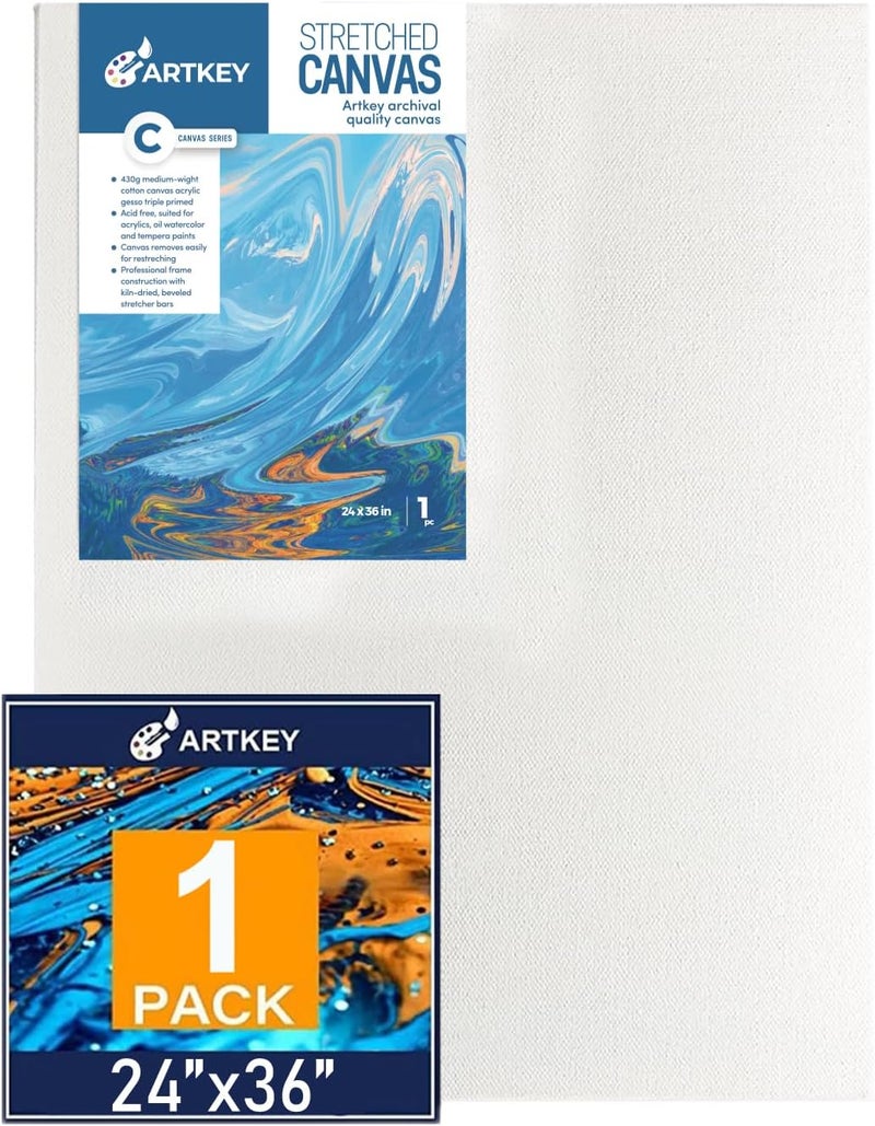 Artkey Gallery Wrapped Stretched Canvases for Painting 24x36 Inch 1-Pack, 16 oz Triple Primed Acid-Free 100% Cotton Blank Canvas, Rectangular Spline Canvas for Oil Paint Acrylics Pouring & Wet Art Media - Image 1